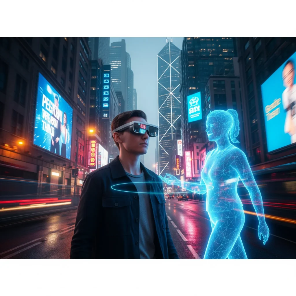 1753941713312 Virtual Universe Hub A person wearing AR glasses walks on a city street next to a glowing, translucent holographic avatar of a person, with futuristic buildings and digital billboards in the background.