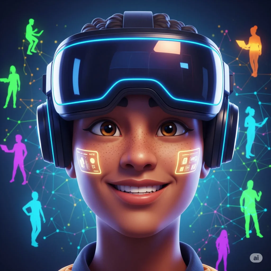 A vibrant close up of a smiling avatar wearing a sleek VR headset surrounded by glowing silhouettes representing diverse social interactions within virtual reality Virtual Universe Hub Close-up portrait of a smiling avatar wearing a VR headset with glowing elements, surrounded by colorful silhouettes of other avatars engaged in social activities connected by a glowing network.