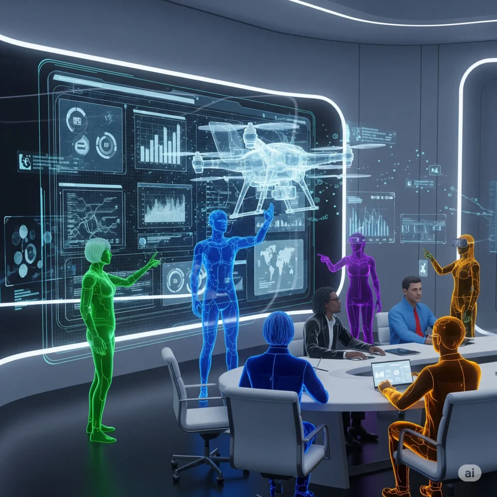 Collaborative Innovation Driving Projects in a Virtual Boardroom Virtual Universe Hub A diverse group of human and glowing avatar participants collaborating in a futuristic virtual boardroom, interacting with a large holographic screen displaying data and a 3D drone model.