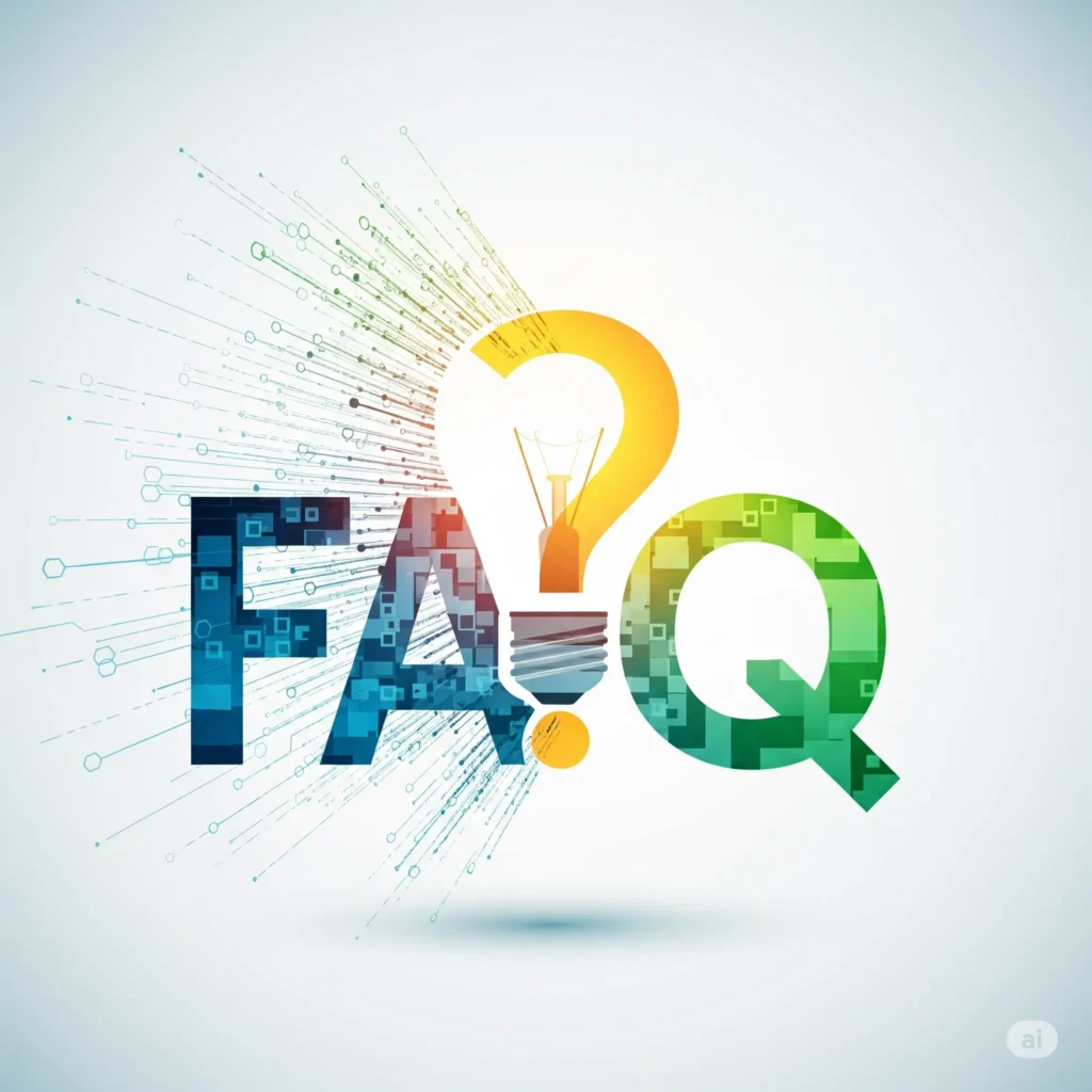 Frequently Asked Questions Your Answers About Social VR Virtual Universe Hub The letters "FAQ" in a creative design, where the "A" is a question mark-shaped lightbulb, presented with blue, green, and yellow digital patterns and particles.