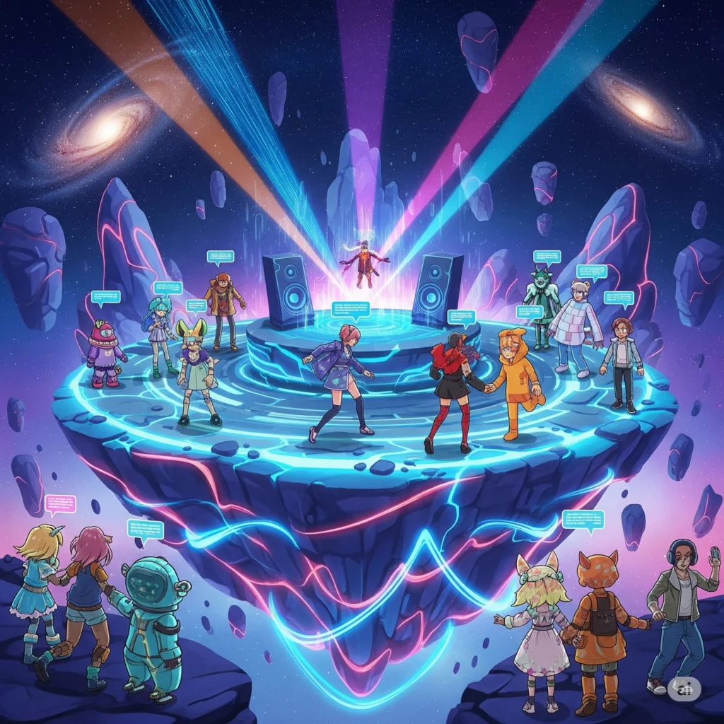 Immersive Social Experiences A Virtual Concert in Space Virtual Universe Hub A vibrant scene of diverse avatars dancing and socializing on a glowing platform in a virtual space with galaxies and floating rocks, centered around a figure performing a virtual concert.