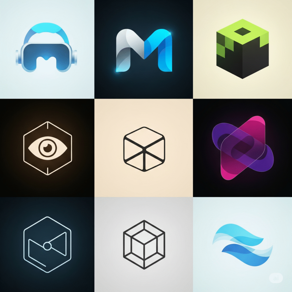 Popular Social VR Platforms Connecting in Virtual Worlds Virtual Universe Hub Collage of nine abstract icons representing various social VR platforms, including a VR headset, an 'M' letter, a pixelated cube, an eye within a hexagon, a line cube, interlocking shapes, and flowing waves.
