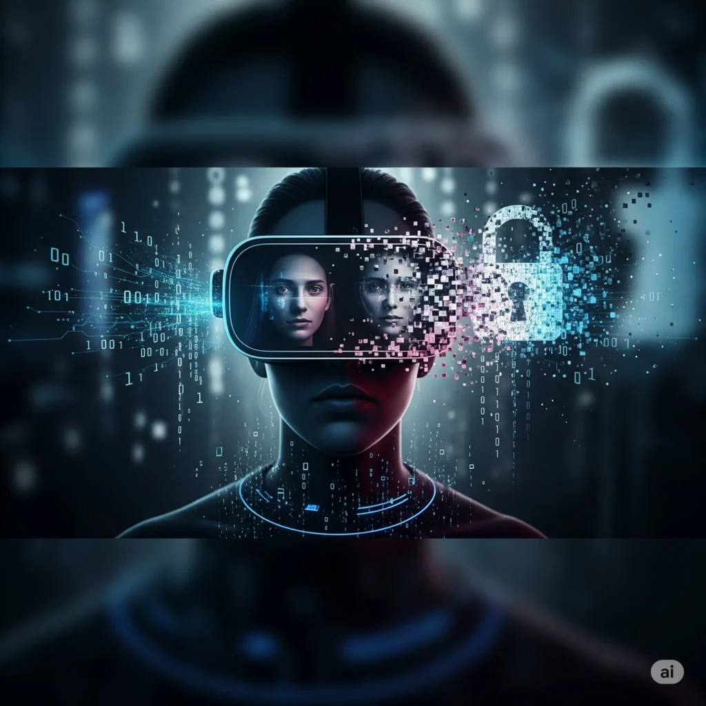 Privacy in the Metaverse Navigating Data Security in VR Virtual Universe Hub A person wearing a VR headset, with one face on the screen dissolving into pixels and a digital padlock also fragmenting, against a background of binary code, symbolizing privacy concerns in VR.