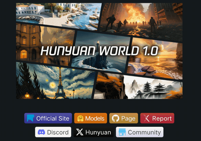 A collection of various AI-generated 3D scenes. It includes an underwater castle, a volcanic landscape, a temple in the mountains, a coastal village, and a car in an old village alley. These images showcase the capabilities of the HunyuanWorld 1.0 model.