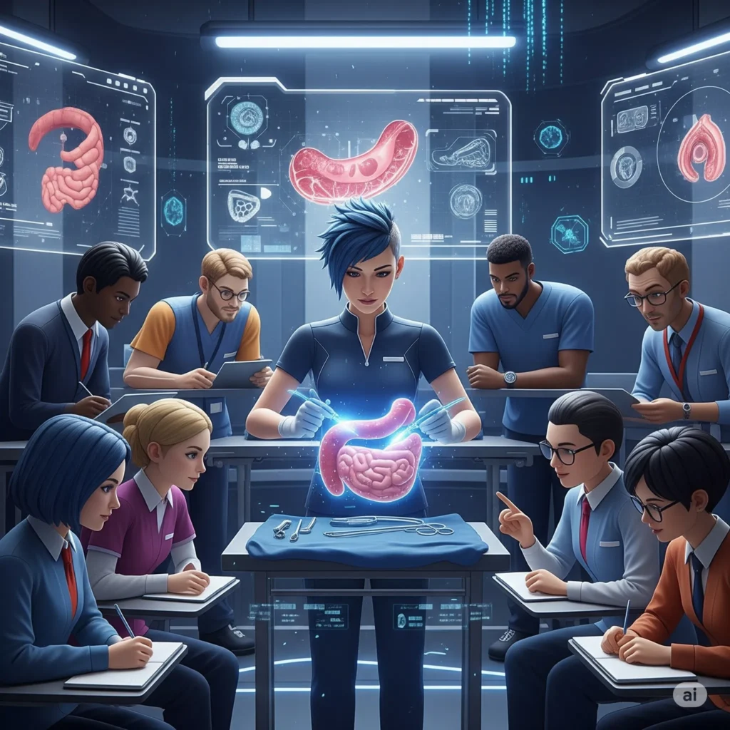 Virtual Anatomy Lab Immersive Medical Training in VR Virtual Universe Hub A group of diverse students and an instructor avatar in a futuristic virtual classroom, observing and performing a simulated surgery on a glowing holographic human organ displayed on a table.
