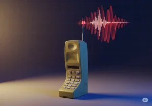 1G The Analog Dawn Virtual Universe Hub A 3D image of a vintage 1980s 1G mobile phone, with a glowing red analog voice signal coming from its antenna.