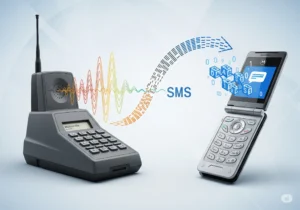 1G vs 2G The Leap to Digital and the Birth of SMS Virtual Universe Hub A 3D infographic comparing a 1G car phone and a 2G flip phone, with visual signals showing the transition from analog voice to digital SMS.