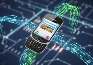3G The Mobile Internet Revolution Virtual Universe Hub A 3D image of a 3G-era smartphone with glowing data streams flowing around it, symbolizing the start of the mobile internet era.