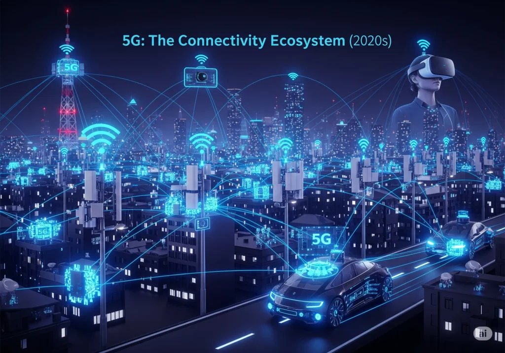 A 3D image of a 5G smart city at night, showing autonomous cars and a person in a VR headset connected by a web of glowing blue data streams.