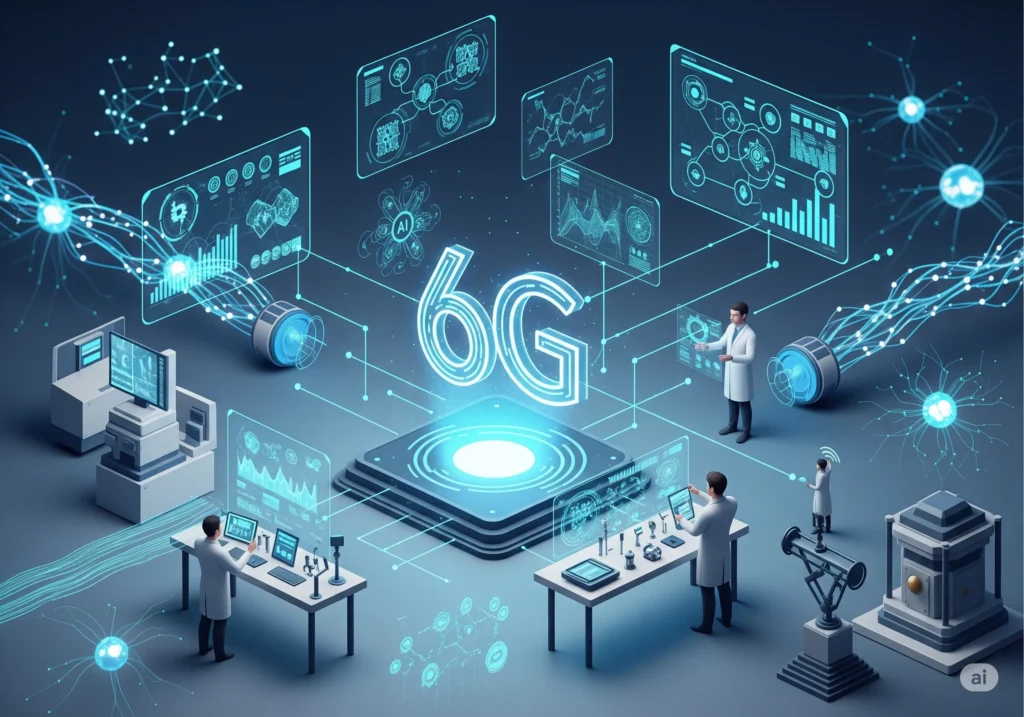A futuristic, digitally created image of a laboratory where scientists in lab coats are developing 6G technology. A large, glowing "6G" logo is at the center, radiating blue light and digital data streams to holographic displays, scientific instruments, and several researchers. The scene is full of interconnected glowing lines and nodes, suggesting a complex network.