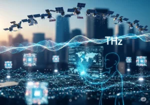 6G The Visionary Next Frontier Virtual Universe Hub A 3D image of a conceptual 6G network with satellites, a holographic user interface, AI cubes, and a human silhouette, highlighting the use of Terahertz (THz) frequencies