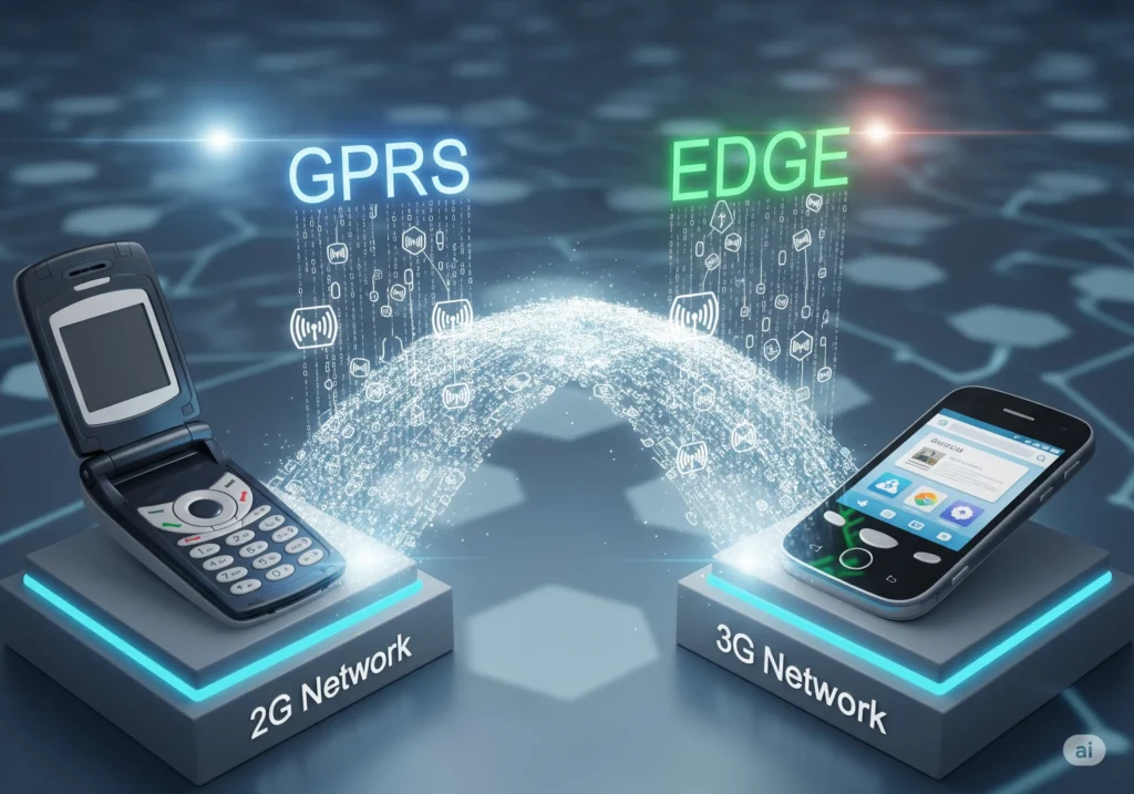 A digital graphic comparing mobile network technologies. A grey flip phone representing the "2G Network" is linked to the acronym "GPRS." A modern smartphone representing the "3G Network" is linked to the acronym "EDGE." The two are connected by a glowing digital data stream, illustrating the technological evolution from GPRS to EDGE.