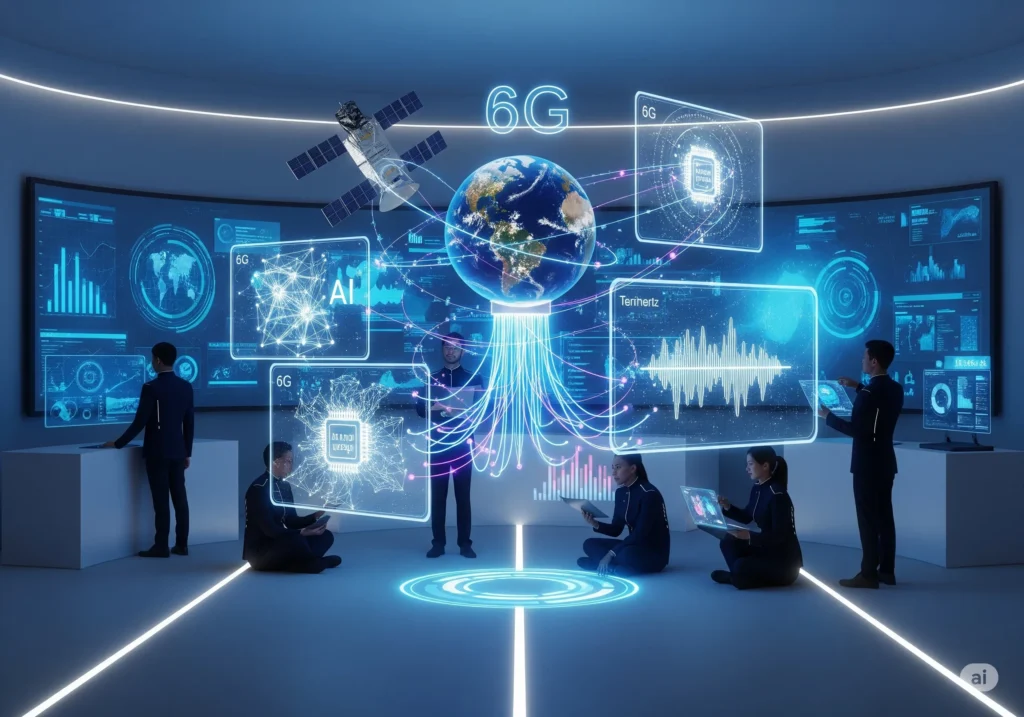 a team of scientists and engineers working in a high-tech lab on a 6G network. A holographic globe is at the center, surrounded by glowing data streams and screens displaying "6G," "AI," "Terahertz," and a microchip. People are interacting with the holographic interfaces in a modern, brightly lit room with large monitors on the walls.