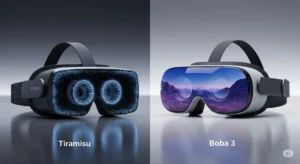 Two distinct virtual reality headset designs are shown. The left headset appears more complex with visible internal components, while the right headset has a sleeker, more consumer-friendly form factor.