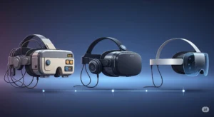 A side-by-side studio shot of two futuristic VR headset prototypes. On the left is the sleek 'Tiramisu' model, and on the right is the wider, panoramic 'Boba 3' model.