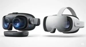 Two distinct virtual reality headset designs are shown. The left headset appears more complex with visible internal components, while the right headset has a sleeker, more consumer-friendly form factor.