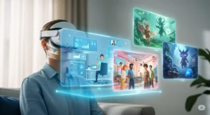 A conceptual image showing a person in a VR headset with a holographic display showing three distinct panels: remote work with virtual screens, social interactions with avatars, and an immersive fantasy game.