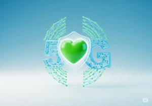 The Safety of 5G Technology Virtual Universe Hub A 3D image with a large '5G' symbol, a green heart, and a shield, symbolizing the safety of 5G technology.