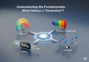 Understanding the Fundamentals What Defines a Generation Virtual Universe Hub A 3D infographic explaining the four key factors of mobile network generations: speed, latency, frequency spectrum, and capacity.