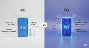 What is the main difference between 4G and 5G Virtual Universe Hub infographic comparing 4G and 5G by showing their respective speeds, latencies, and device capacities.