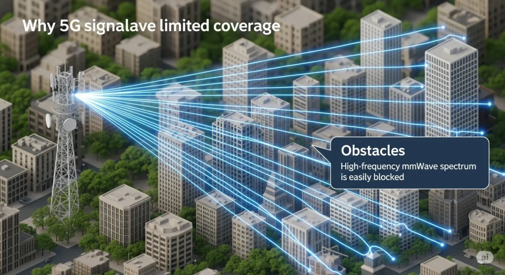 5G tower's signal being blocked by buildings and trees in a city, with a text box explaining the role of obstacles.